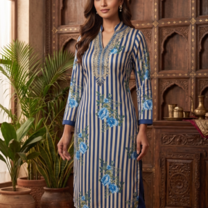 blue floral striped straight kurti set