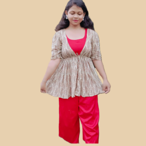 women red co ord set with printed shrug