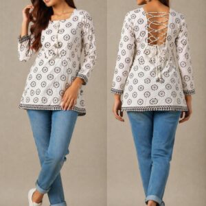 white & black printed lace up back kurti top
