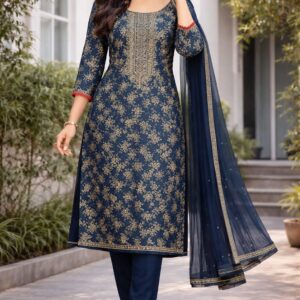 afrihub women navy blue printed kurta set with dupatta