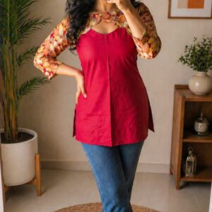 afrihub women red solid & printed designer top