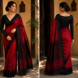 afrihub women red & black saree with matching black blouse