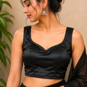 afrihub women black solid sweetheart neck saree blouse