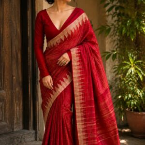 afrihub women red saree with gold border & matching red blouse