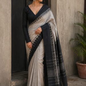 afrihub women grey & black saree with black v neck blouse
