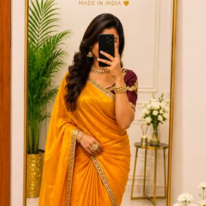 afrihub women mustard yellow saree with maroon embroidered blouse